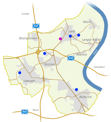Auf einer Karte von der Stadt Meerbusch sind die Friedhöfe mit Punkten gekennzeichnet.