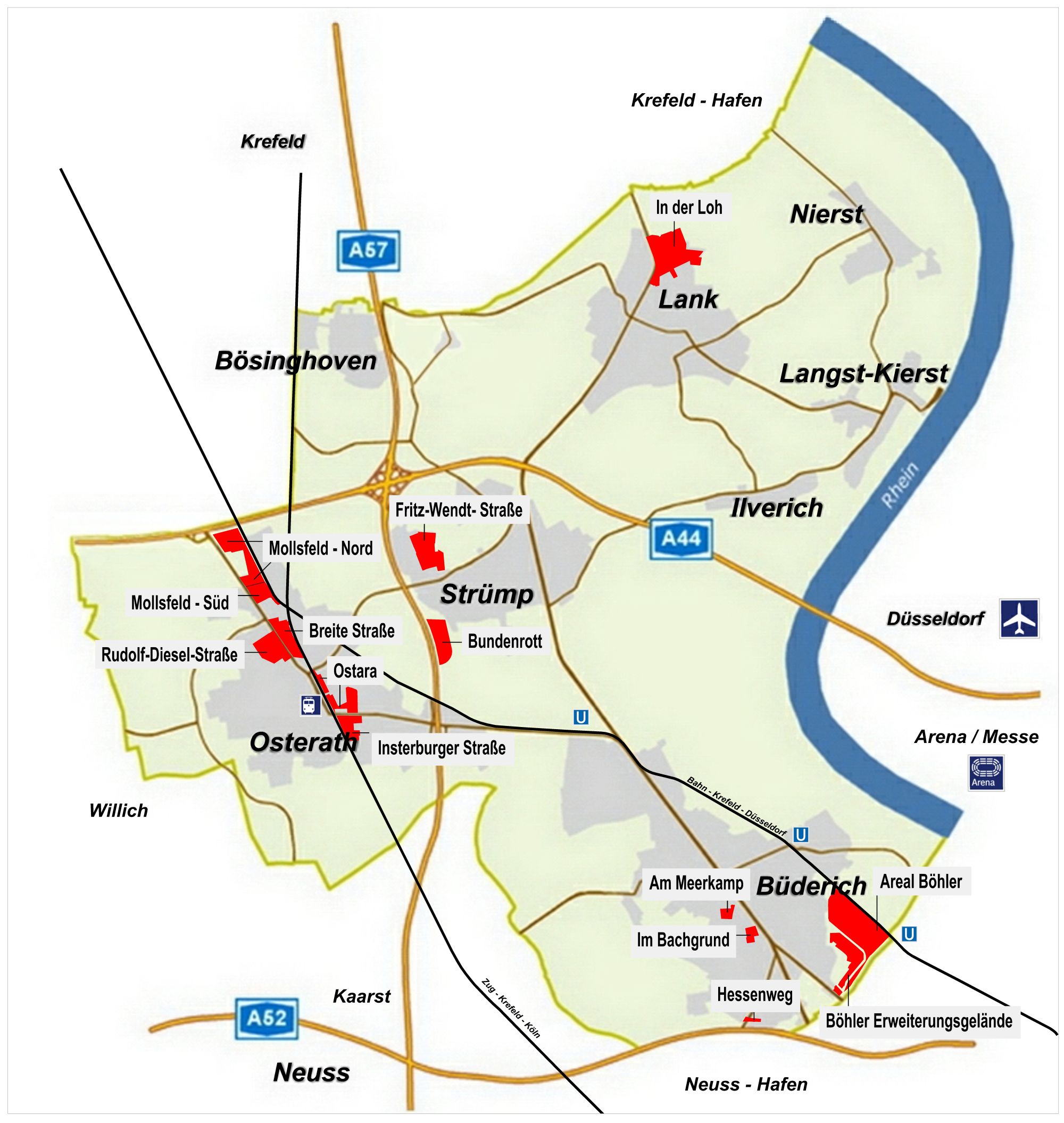 Übersichtskarte der Gewerbegebiete im Stadtgebiet. 