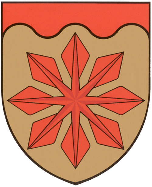 schildförmiges Wappen mit wellenförmigem, hellroten Rand, darunter hellrotes sternförmiges Muster auf braunem Grund
