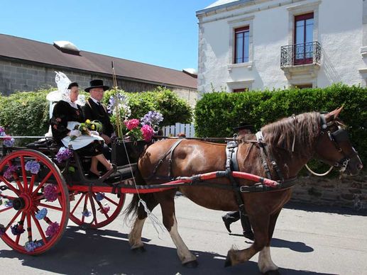 Paar in bretonischer Tracht auf Kutsche mit einem Pferd davor