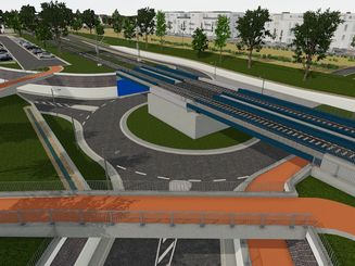 So soll die Bahnunterführung mit Kreisverkehr in Osterath einmal aussehen - wann es so weit sein wird, ist ungewiss. Jetzt hat die Bahn erneut einen Baustillstand angekündigt. Grafik: DB Netz AG