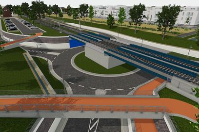 So soll die Bahnunterführung mit Kreisverkehr in Osterath einmal aussehen - wann es so weit sein wird, ist ungewiss. Jetzt hat die Bahn erneut einen Baustillstand angekündigt. Grafik: DB Netz AG